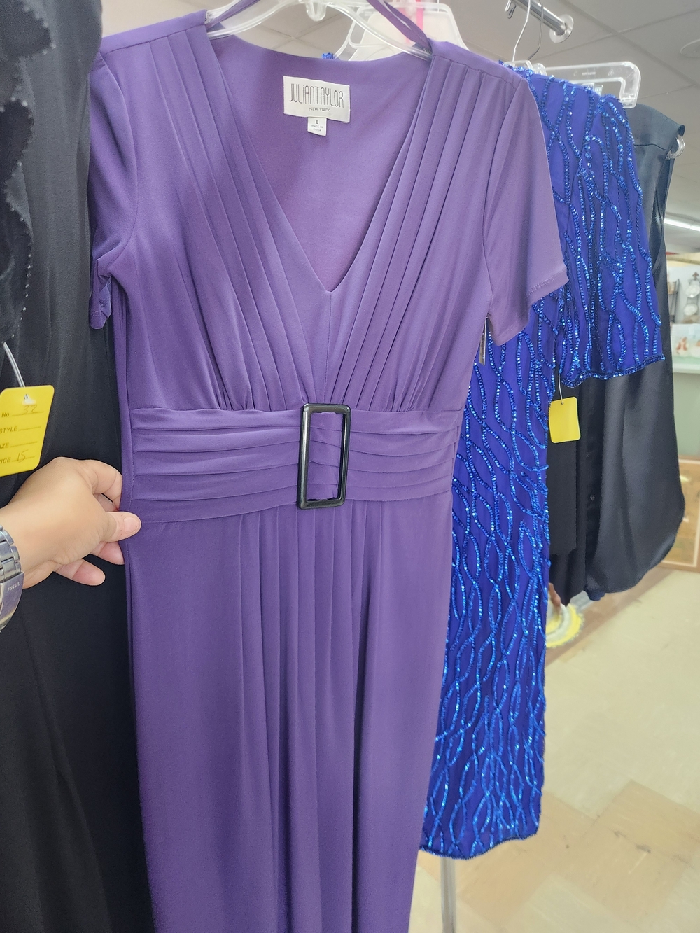 Julian Taylor Deep Violet V-Neck Pleated Belted Dress